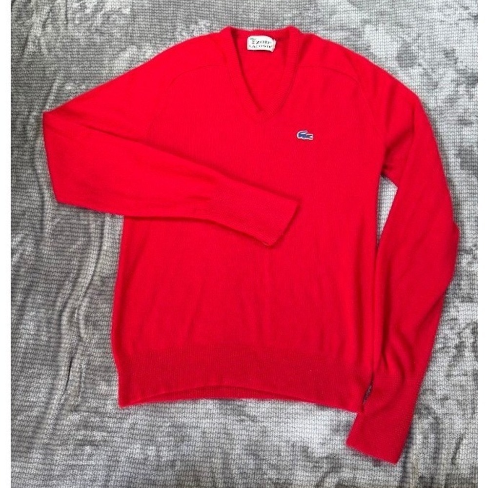 Vintage Izod Lacoste V-Neck Sweater Red Mens Medium Crocodile Logo Preppy Raglan